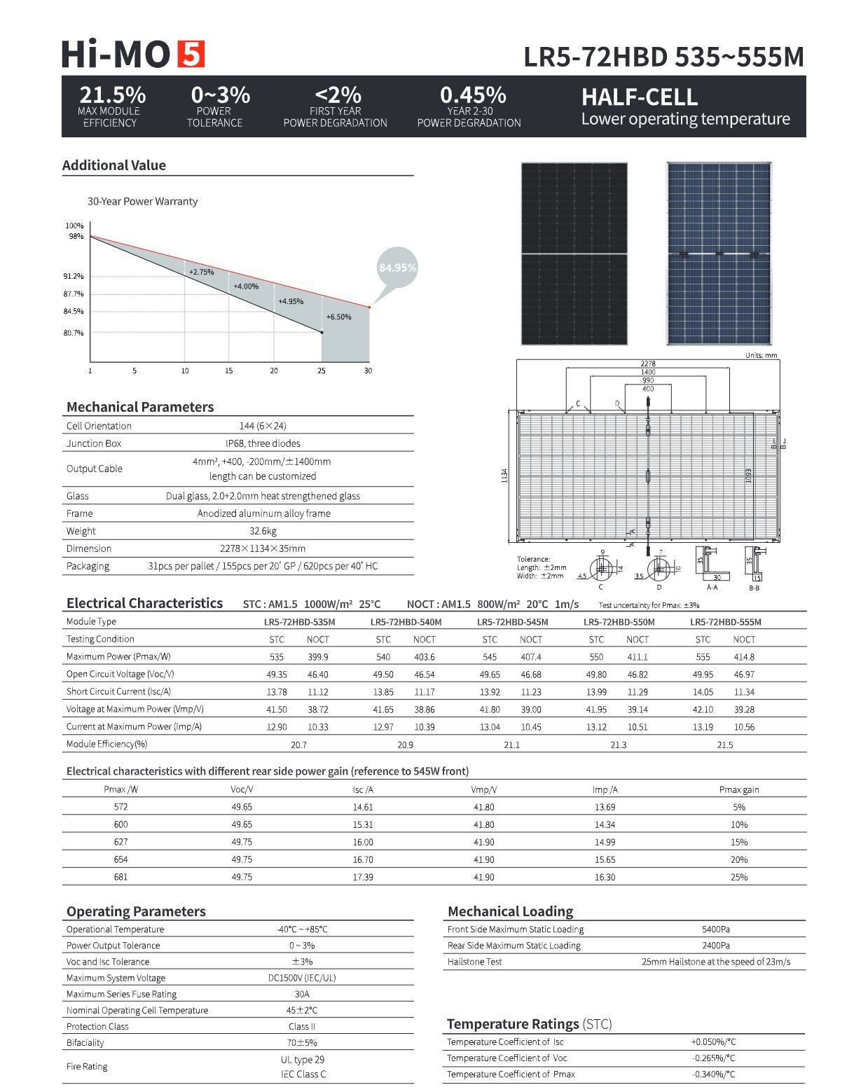 LONGI Solar Panel HI-MO5 LR5-72HBD 535-555M